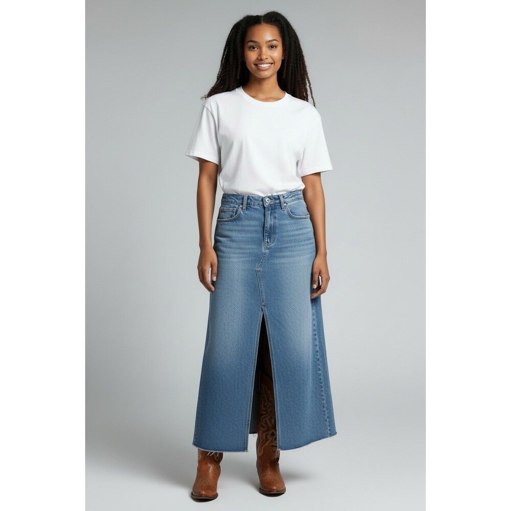 Driftwood Anthropologie premium womens 5-pocket midi denim skirt size 33
